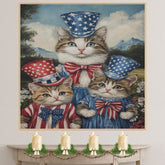 Mother Cat and Three Kittens in Red White and Blue Starry Outfits with Top Hats and Bows in Charming Oil Painting on Ready to Hang 1.5" Thick Canvas Wrap, Floating Framed Canvas, Flat Rolled Canvas
